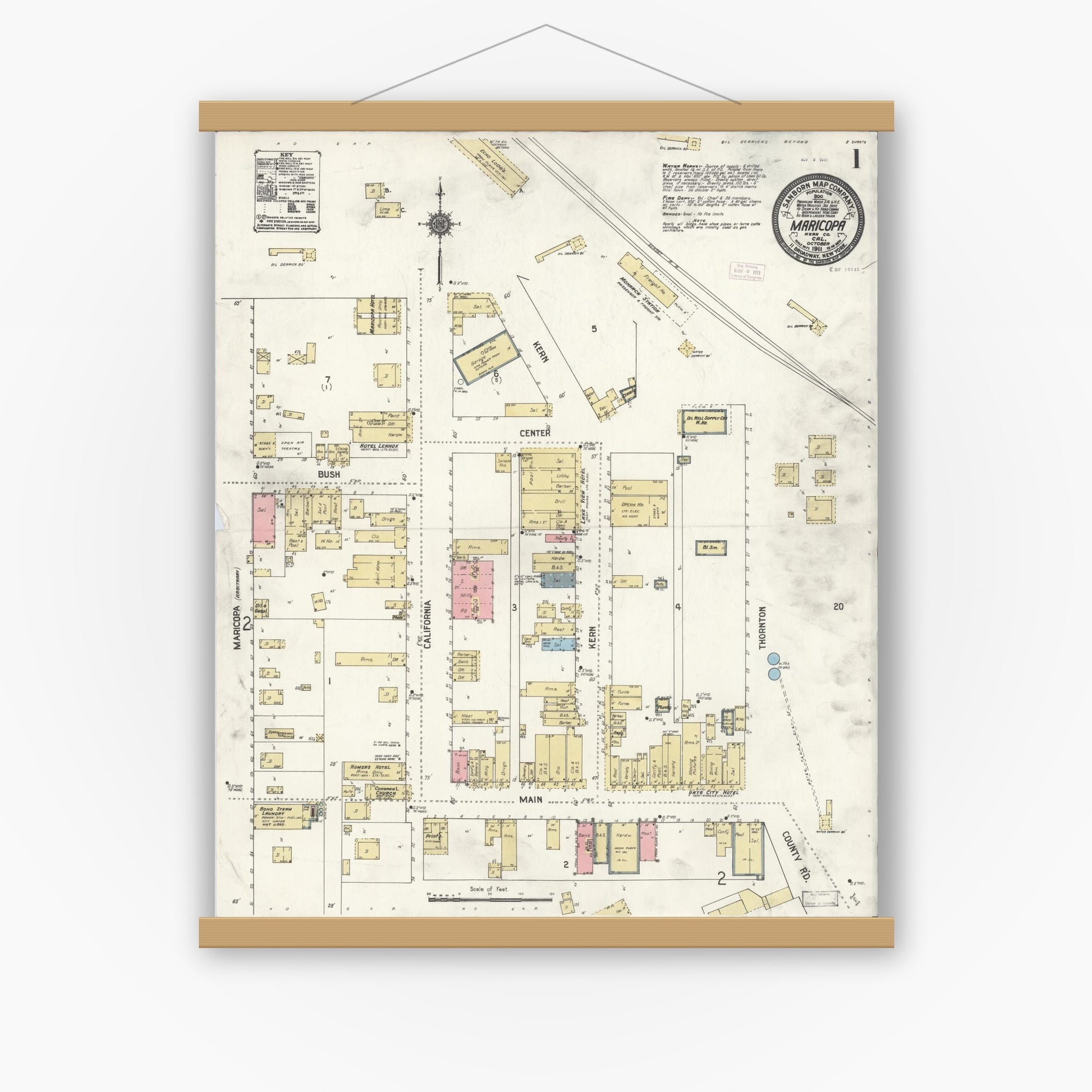 Old map wall art mockup — magnetic wood frame on white wall — Sanborn Fire Insurance Map from Maricopa, Kern County, California (1911) - Complete Map Set