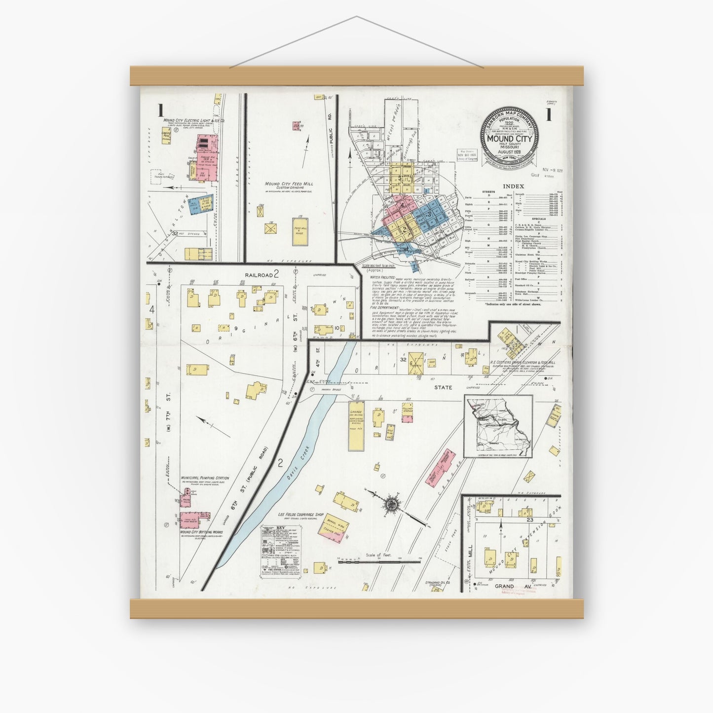 Old map wall art mockup — magnetic wood frame on white wall — Sanborn Fire Insurance Map from Mound City, Holt County, Missouri (1928), Sheet #0001