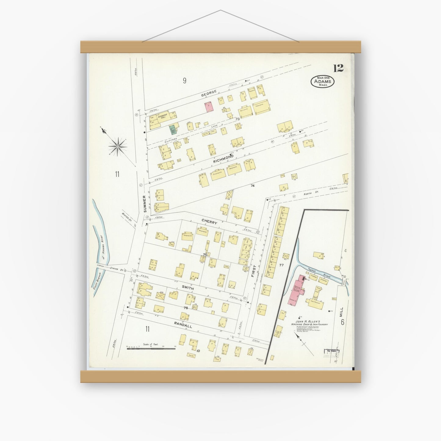 Old map wall art mockup — magnetic wood frame on white wall — Sanborn Fire Insurance Map from Adams, Berkshire County, Massachusetts (1908), Sheet #0012