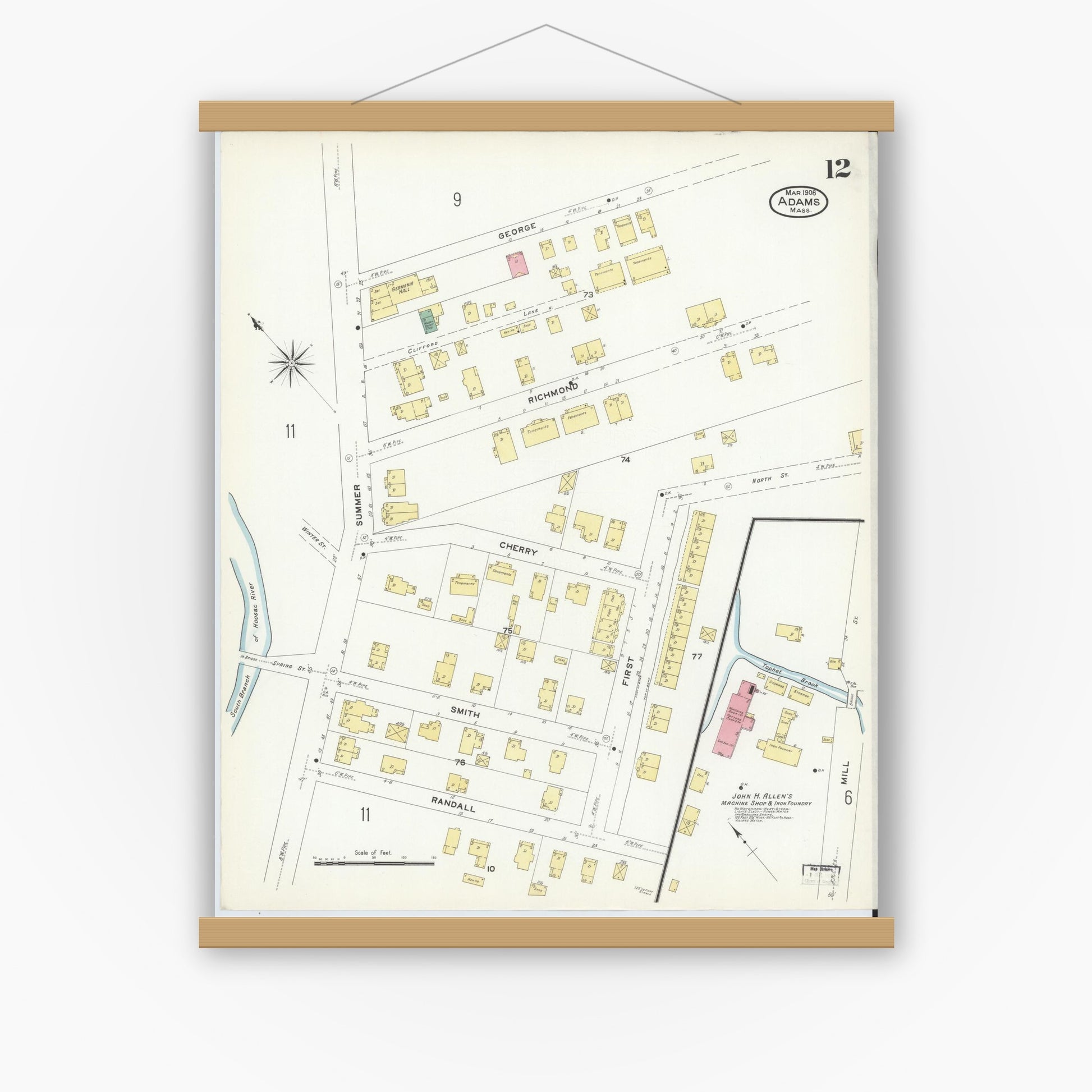 Old map wall art mockup — magnetic wood frame on white wall — Sanborn Fire Insurance Map from Adams, Berkshire County, Massachusetts (1908), Sheet #0012