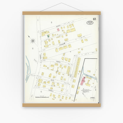 Old map wall art mockup — magnetic wood frame on white wall — Sanborn Fire Insurance Map from Adams, Berkshire County, Massachusetts (1908), Sheet #0012