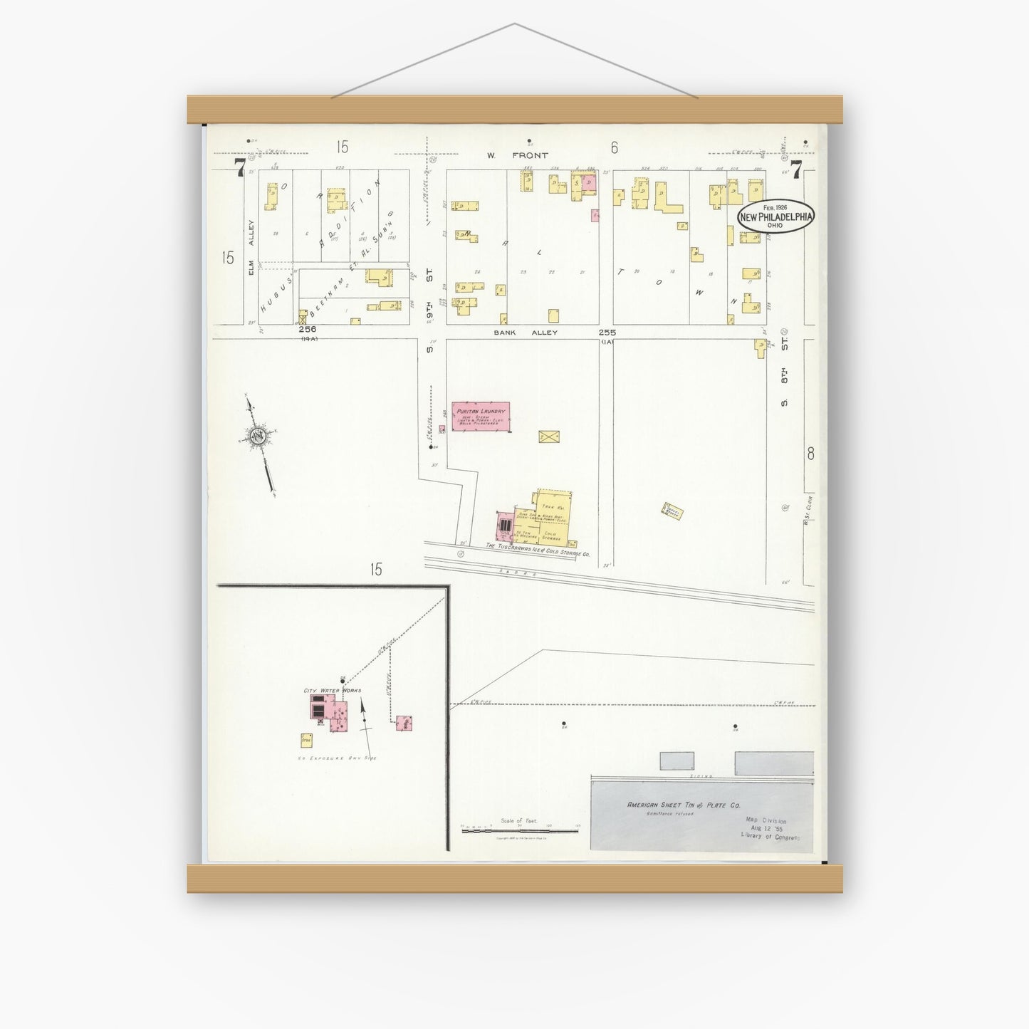 Old map wall art mockup — magnetic wood frame on white wall — Sanborn Fire Insurance Map from New Philadelphia, Tuscarawas County, Ohio (1926), Sheet #0007