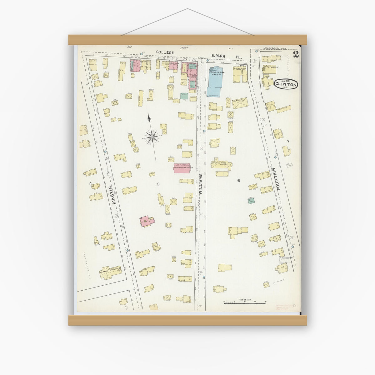 Old map wall art mockup — magnetic wood frame on white wall — Sanborn Fire Insurance Map from Clinton, Oneida County, New York (1891), Sheet #0002