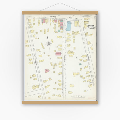Old map wall art mockup — magnetic wood frame on white wall — Sanborn Fire Insurance Map from Clinton, Oneida County, New York (1891), Sheet #0002