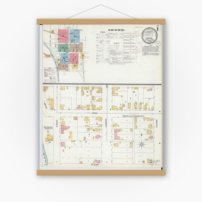 Old map wall art mockup — magnetic wood frame on white wall — Sanborn Fire Insurance Map from Eaton, Preble County, Ohio (1899), Sheet #0001