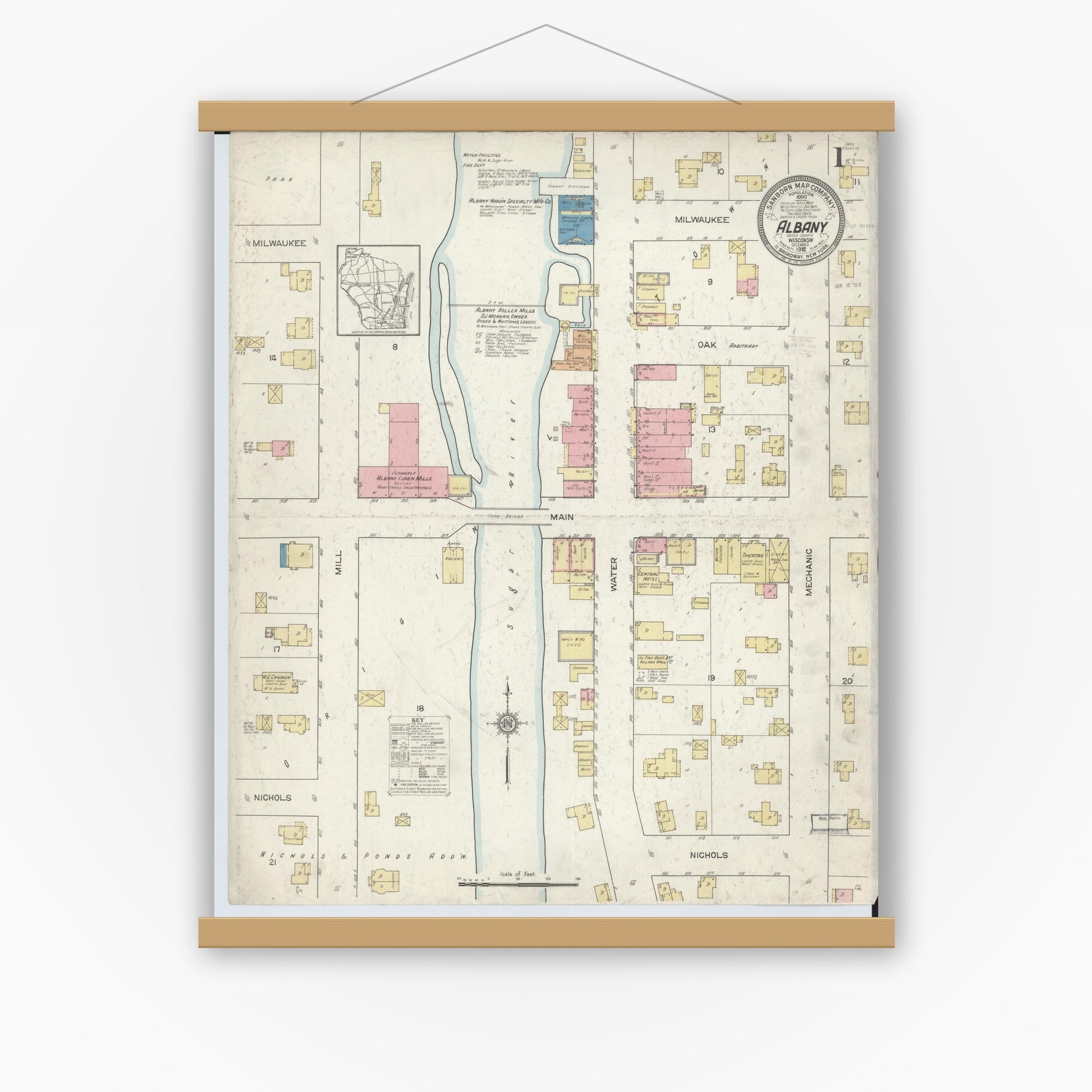 Old map wall art mockup — magnetic wood frame on white wall — Sanborn Fire Insurance Map from Albany, Green County, Wisconsin (1912) - Complete Map Set