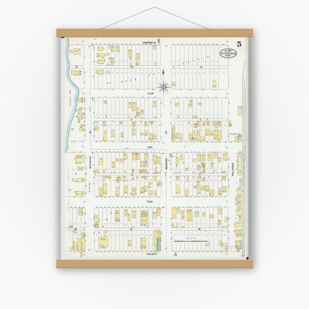 Old map wall art mockup — magnetic wood frame on white wall — Sanborn Fire Insurance Map from Virginia, Saint Louis County, Minnesota (1904), Sheet #0005