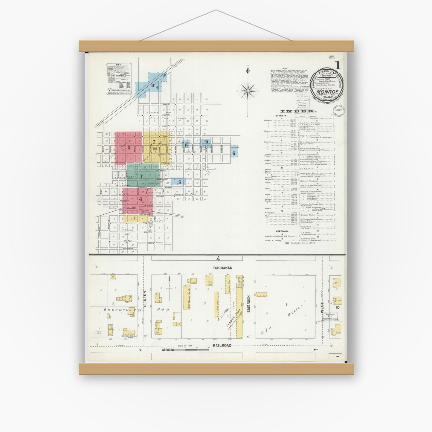 Old map wall art mockup — magnetic wood frame on white wall — Sanborn Fire Insurance Map from Monroe, Green County, Wisconsin (1900), Sheet #0001