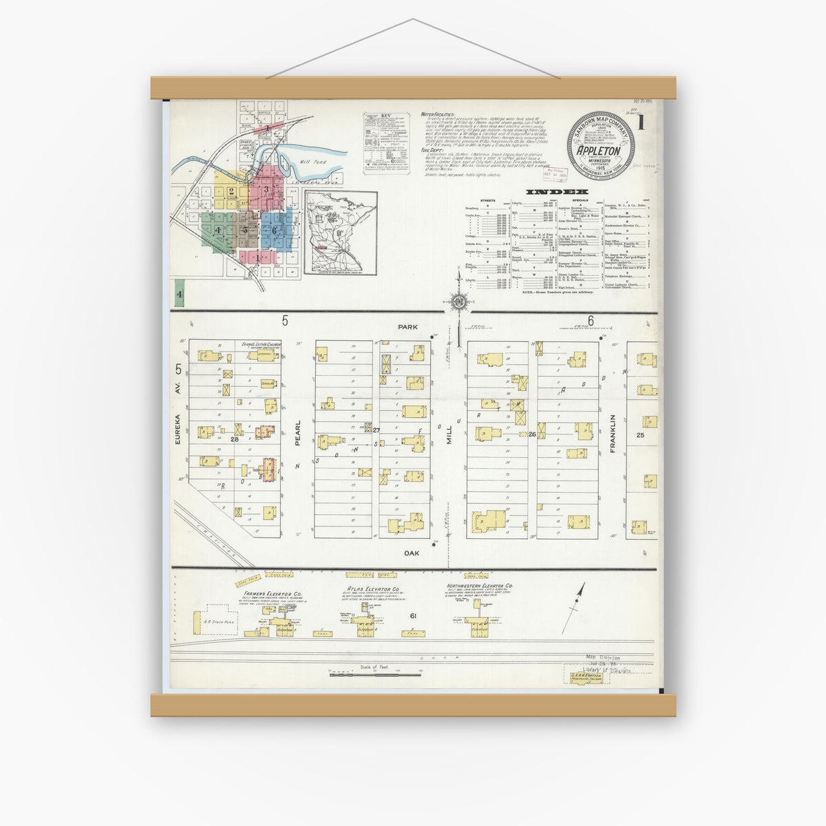 Old map wall art mockup — magnetic wood frame on white wall — Sanborn Fire Insurance Map from Appleton, Swift County, Minnesota (1915) - Complete Map Set