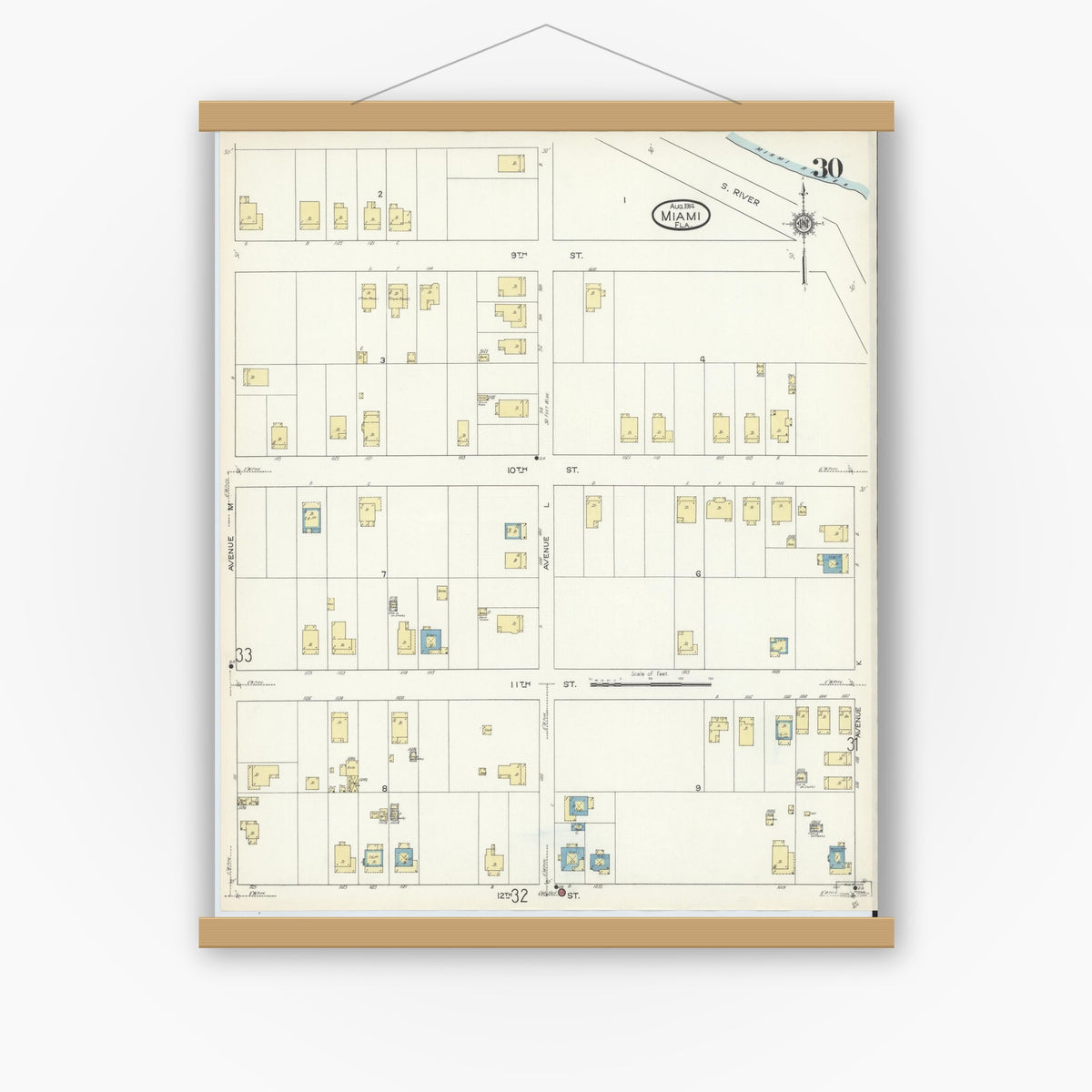Old map wall art mockup — magnetic wood frame on white wall — Sanborn Fire Insurance Map from Miami, Dade County, Florida (1914), Sheet #0030