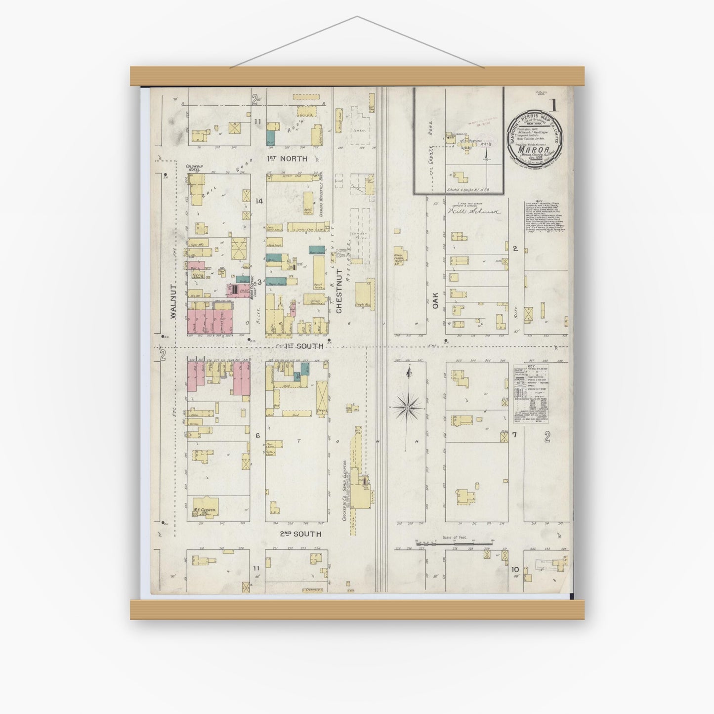 Old map wall art mockup — magnetic wood frame on white wall — Sanborn Fire Insurance Map from Maroa, Macon County, Illinois (1893) - Complete Map Set