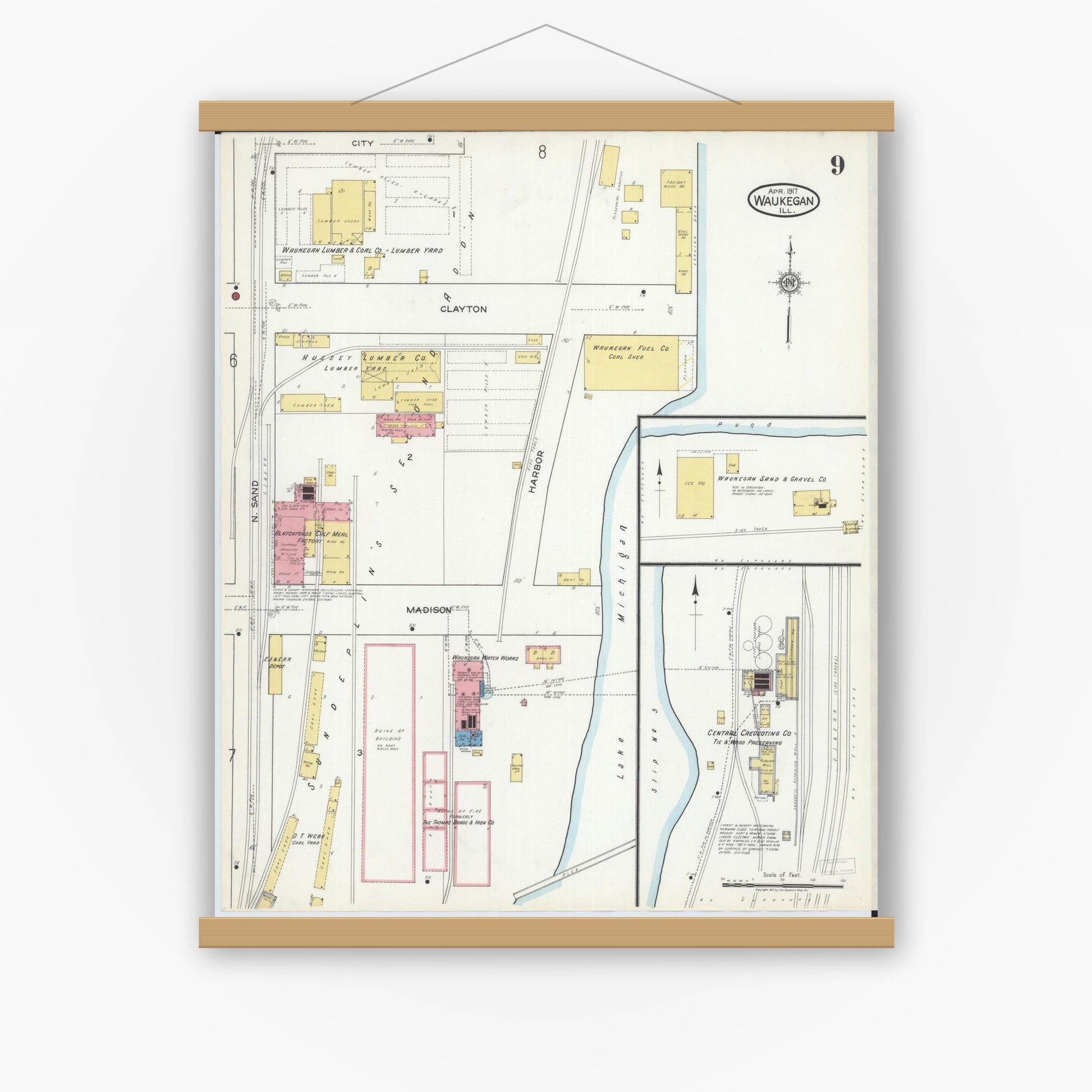 Old map wall art mockup — magnetic wood frame on white wall — Sanborn Fire Insurance Map from Waukegan, Lake County, Illinois (1917), Sheet #0009