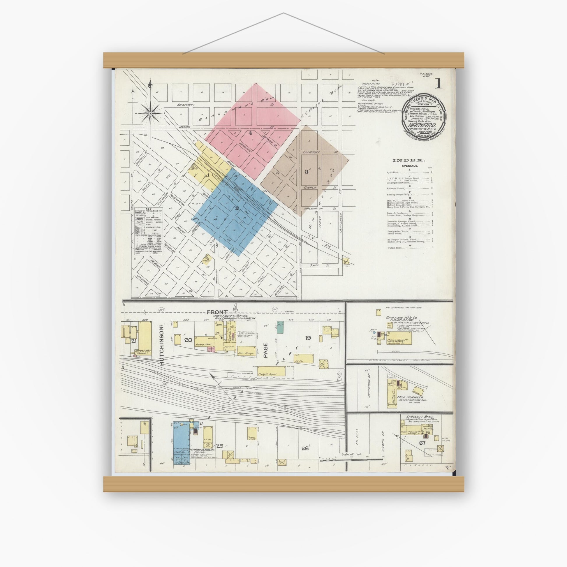 Old map wall art mockup — magnetic wood frame on white wall — Sanborn Fire Insurance Map from Harvard, McHenry County, Illinois (1892), Sheet #0001