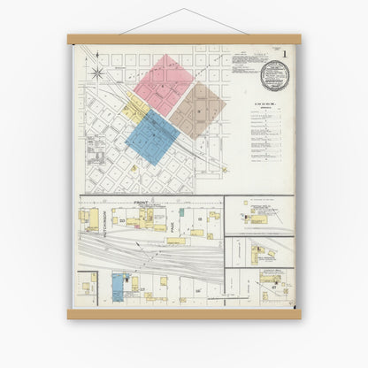 Old map wall art mockup — magnetic wood frame on white wall — Sanborn Fire Insurance Map from Harvard, McHenry County, Illinois (1892), Sheet #0001