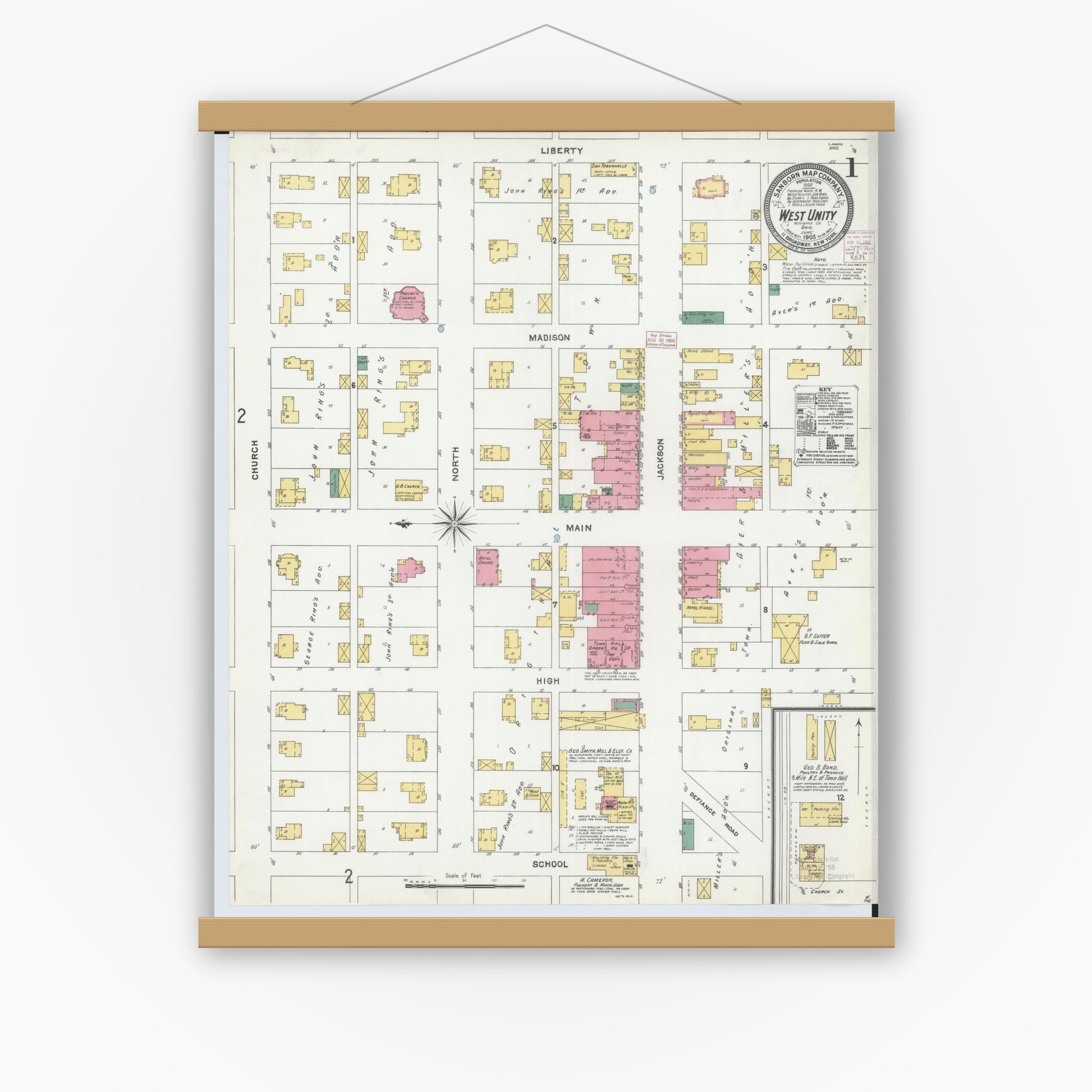 Old map wall art mockup — magnetic wood frame on white wall — Sanborn Fire Insurance Map from West Unity, Williams County, Ohio (1905), Sheet #0001