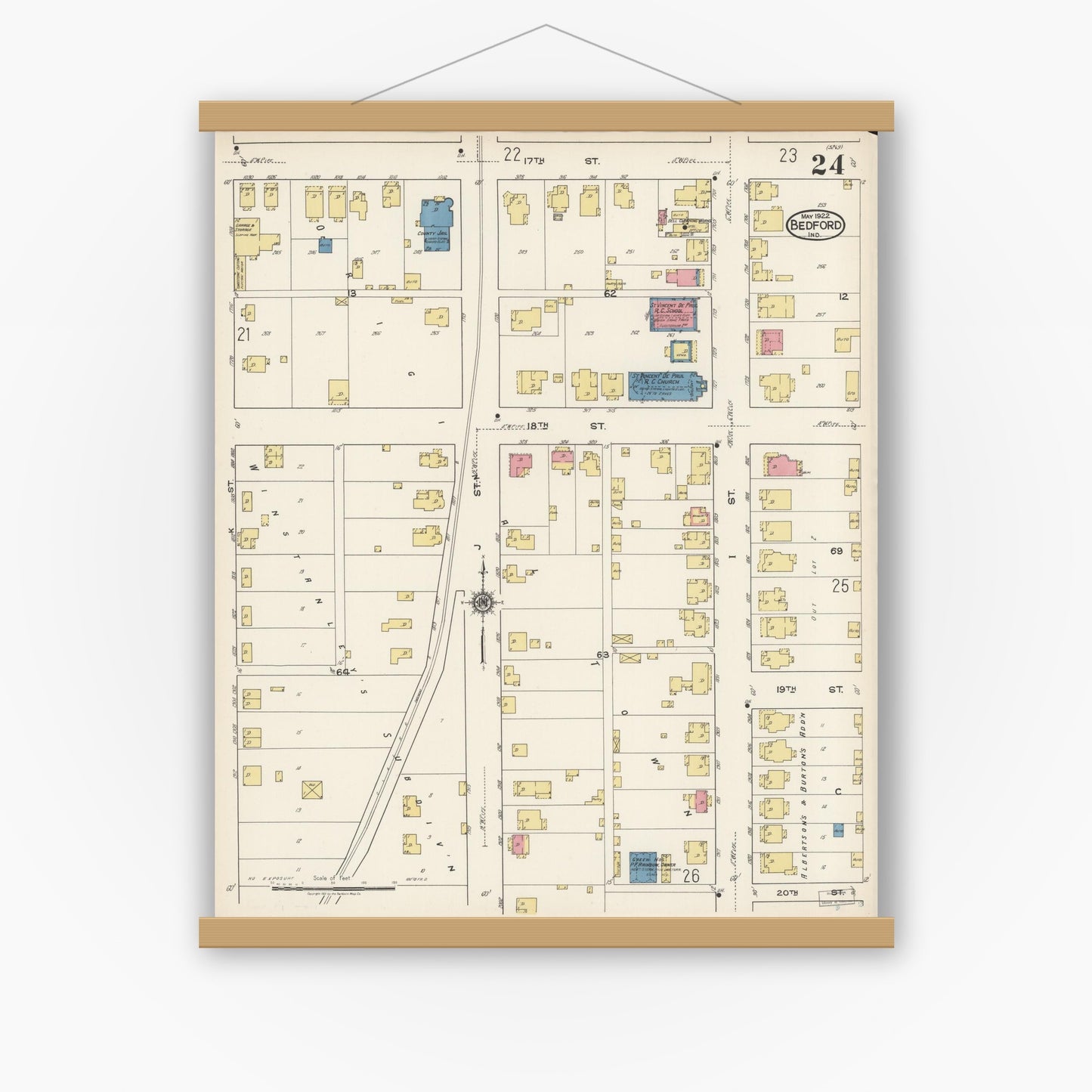 Old map wall art mockup — magnetic wood frame on white wall — Sanborn Fire Insurance Map from Bedford, Lawrence County, Indiana (1922), Sheet #0024