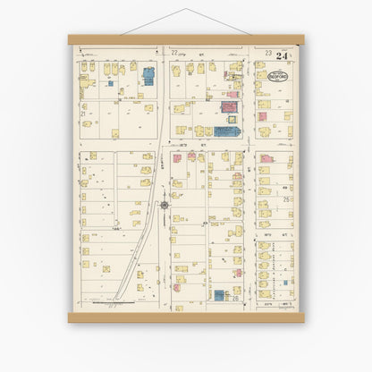 Old map wall art mockup — magnetic wood frame on white wall — Sanborn Fire Insurance Map from Bedford, Lawrence County, Indiana (1922), Sheet #0024
