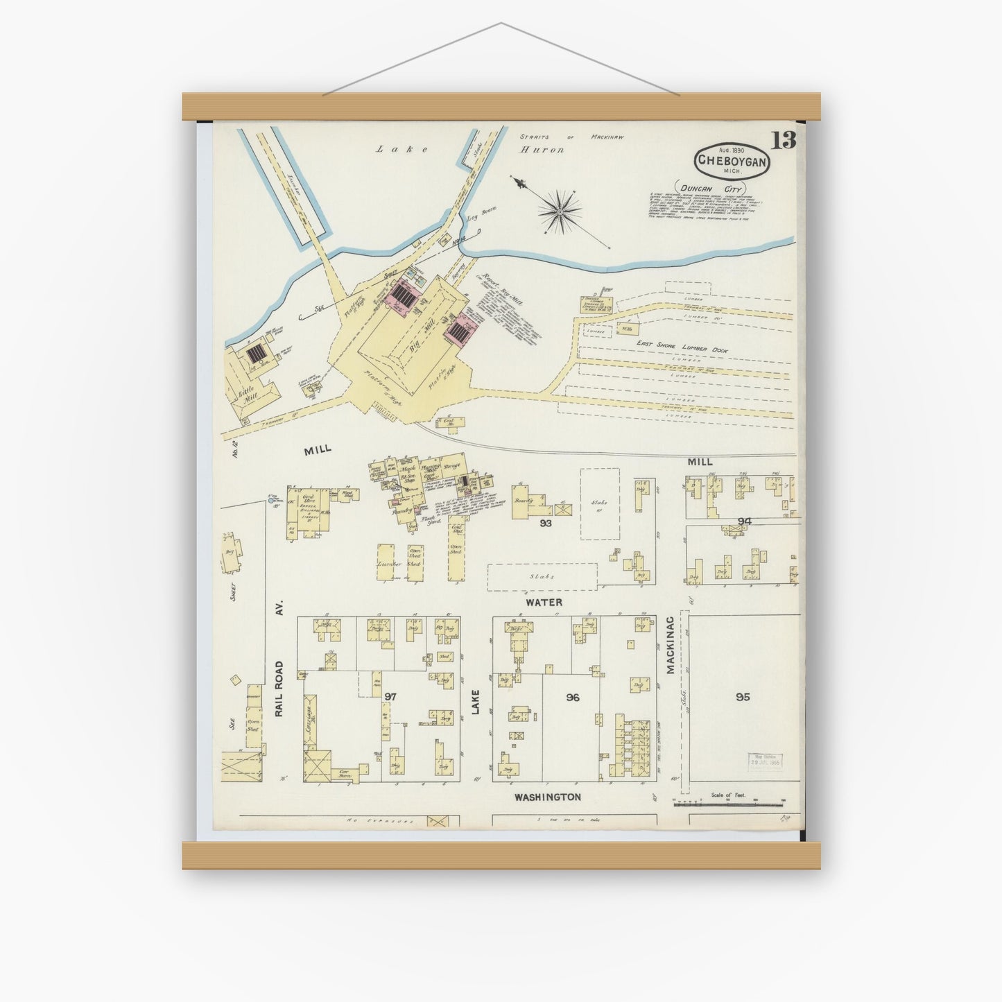Old map wall art mockup — magnetic wood frame on white wall — Sanborn Fire Insurance Map from Cheboygan, Cheboygan County, Michigan (1890), Sheet #0013
