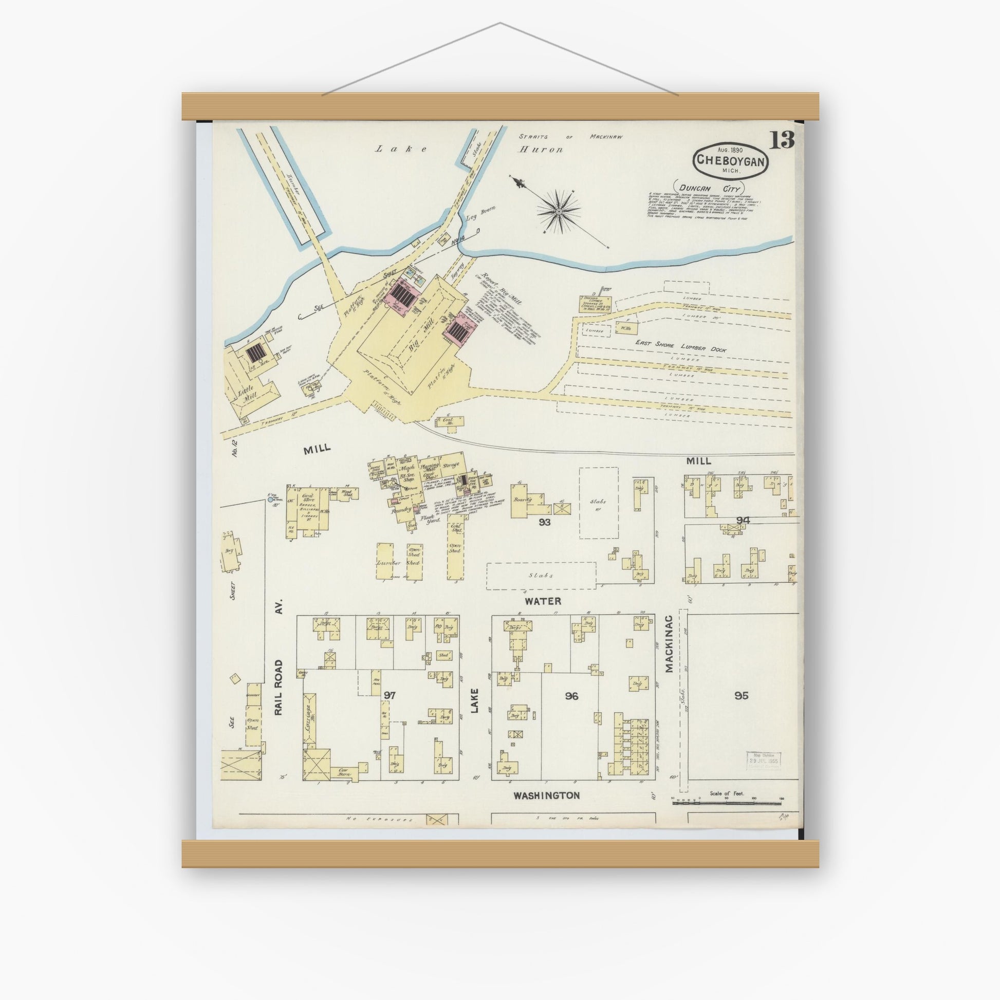 Old map wall art mockup — magnetic wood frame on white wall — Sanborn Fire Insurance Map from Cheboygan, Cheboygan County, Michigan (1890), Sheet #0013