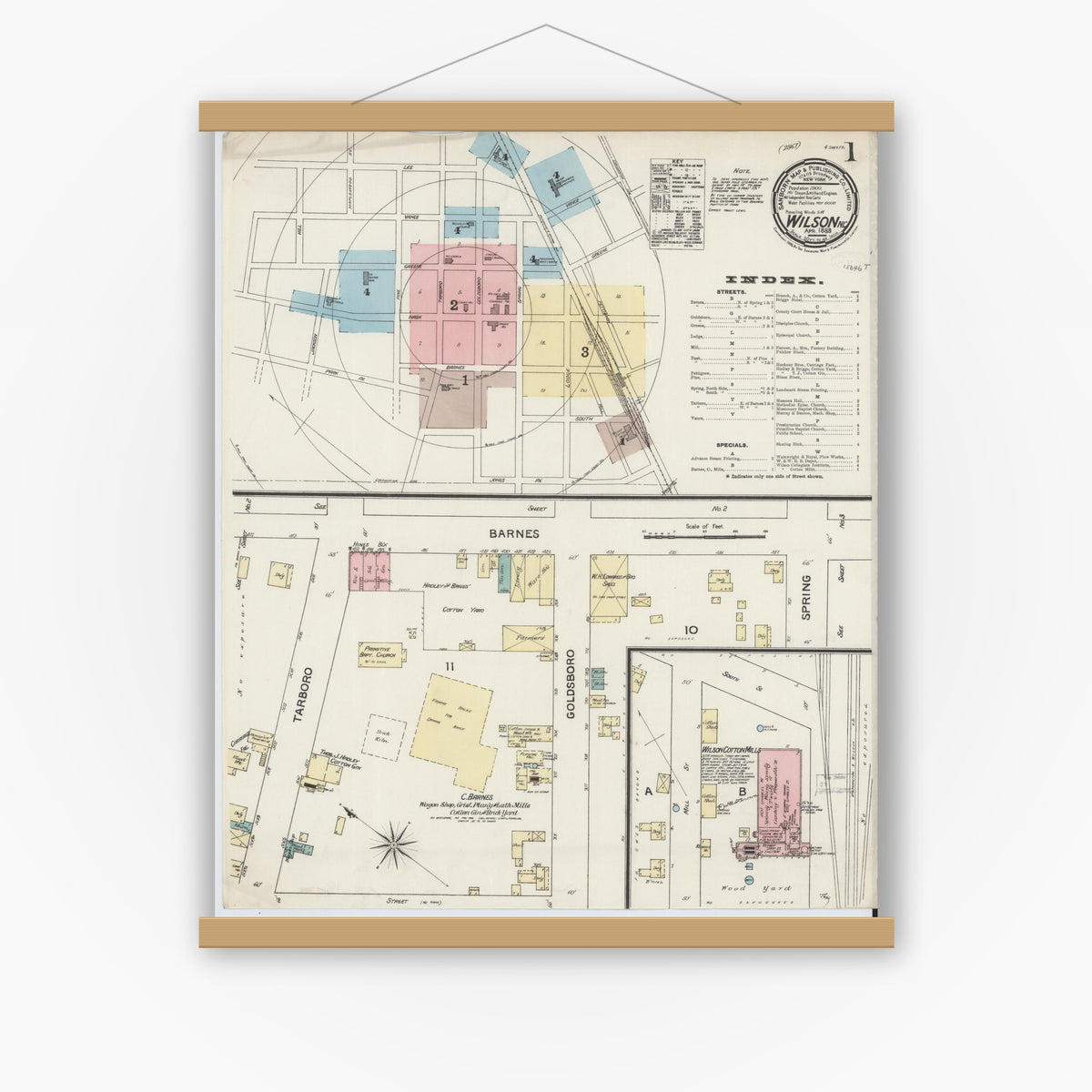 Old map wall art mockup — magnetic wood frame on white wall — Sanborn Fire Insurance Map from Wilson, Wilson County, North Carolina (1888), Sheet #0001
