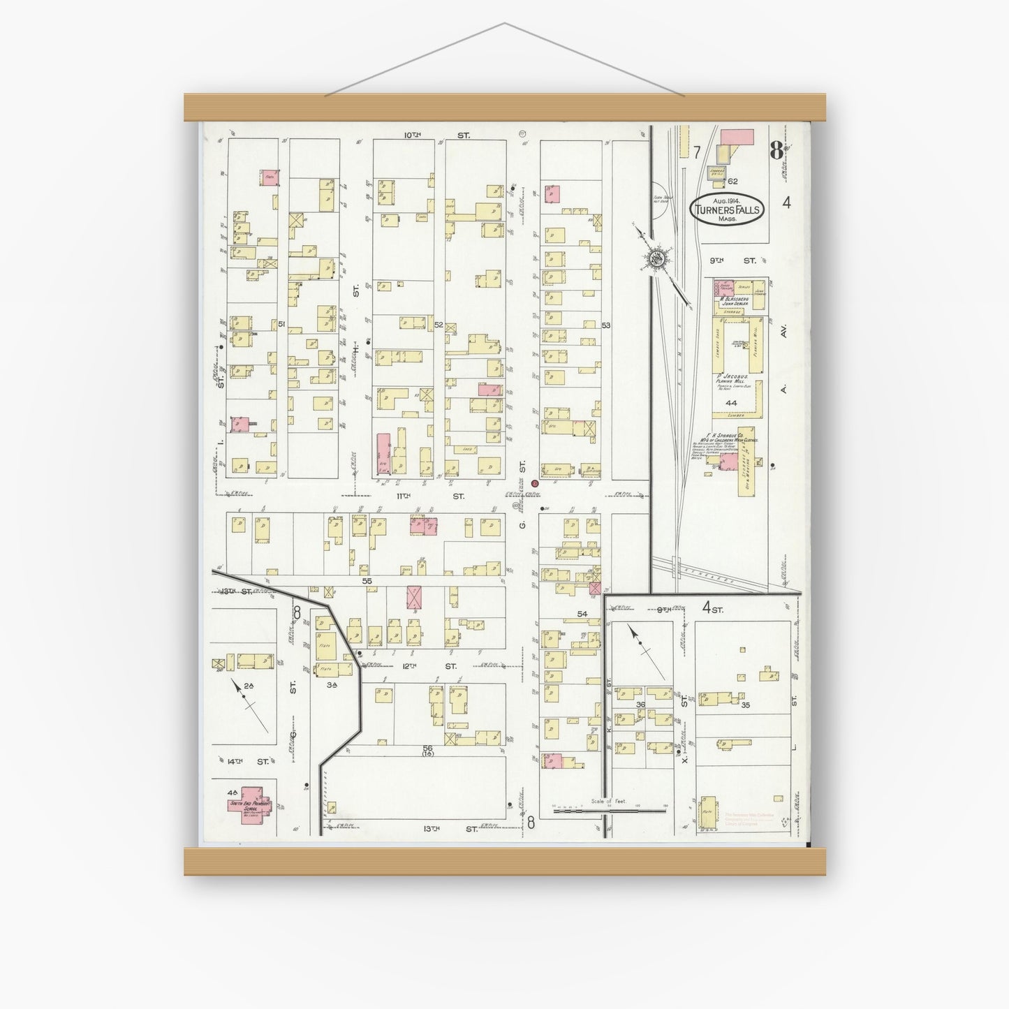 Old map wall art mockup — magnetic wood frame on white wall — Sanborn Fire Insurance Map from Turners Falls, Franklin County, Massachusetts (1914), Sheet #0008