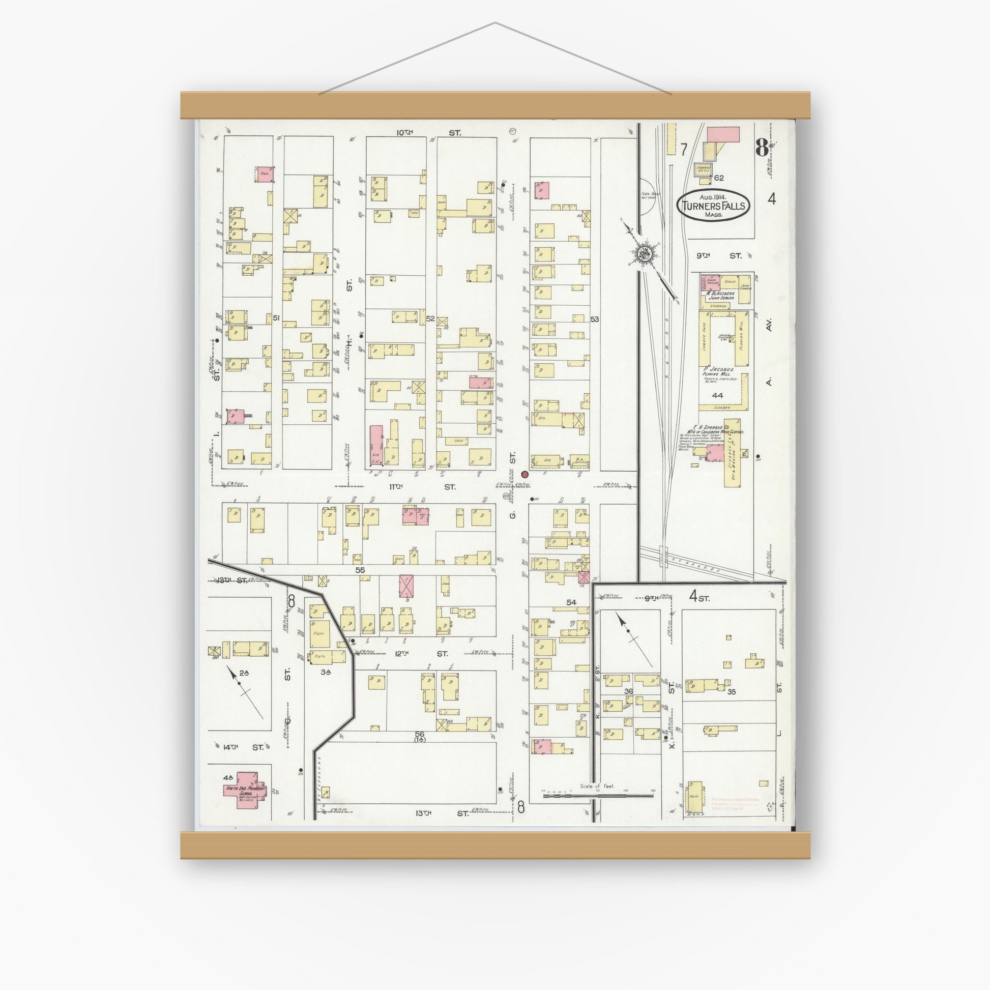 Old map wall art mockup — magnetic wood frame on white wall — Sanborn Fire Insurance Map from Turners Falls, Franklin County, Massachusetts (1914), Sheet #0008