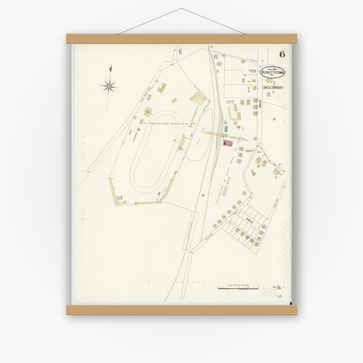 Old map wall art mockup — magnetic wood frame on white wall — Sanborn Fire Insurance Map from Burgettstown, Washington County, Pennsylvania (1908), Sheet #0006