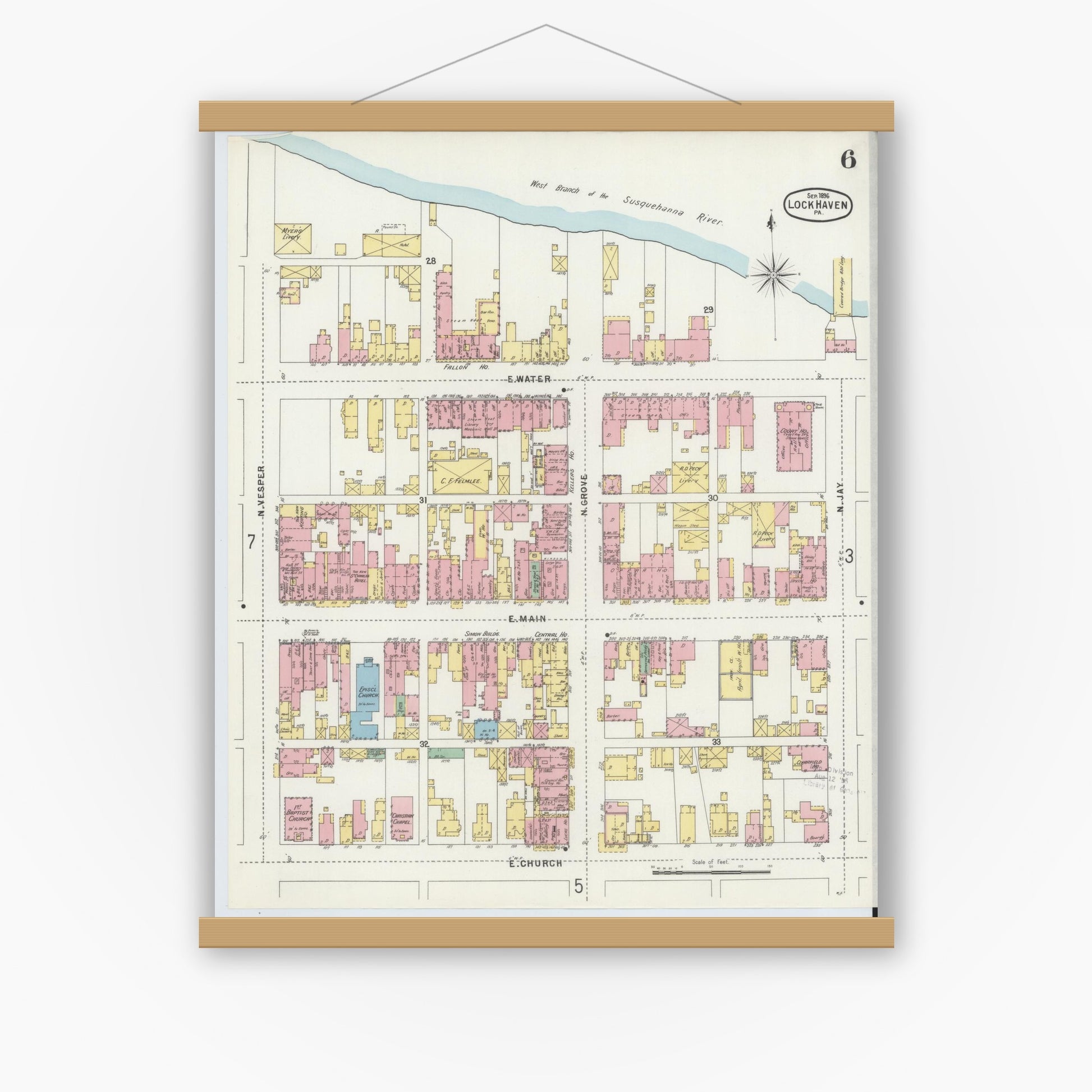 Old map wall art mockup — magnetic wood frame on white wall — Sanborn Fire Insurance Map from Lock Haven, Clinton County, Pennsylvania (1896), Sheet #0006