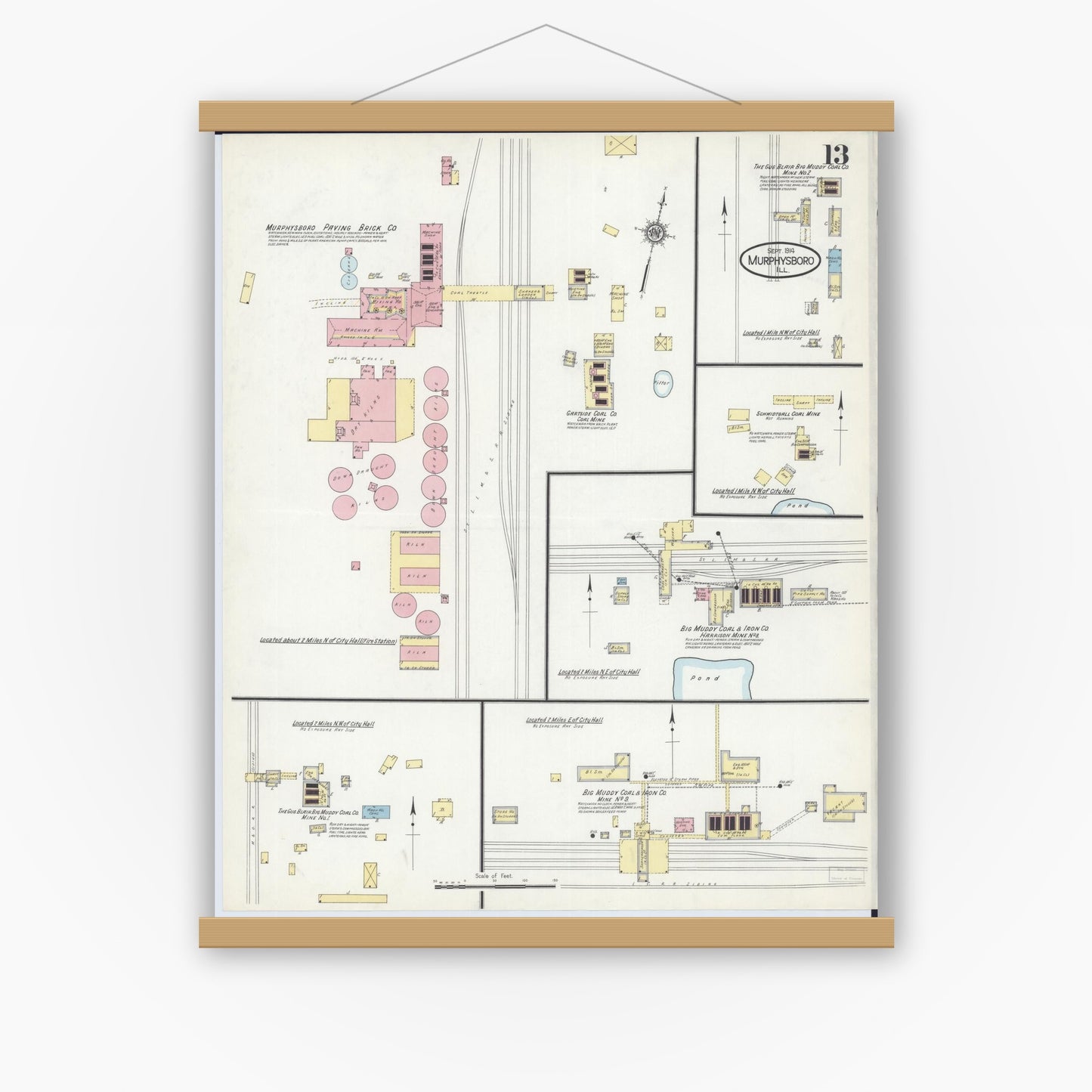 Old map wall art mockup — magnetic wood frame on white wall — Sanborn Fire Insurance Map from Murphysboro, Jackson County, Illinois (1914), Sheet #0013