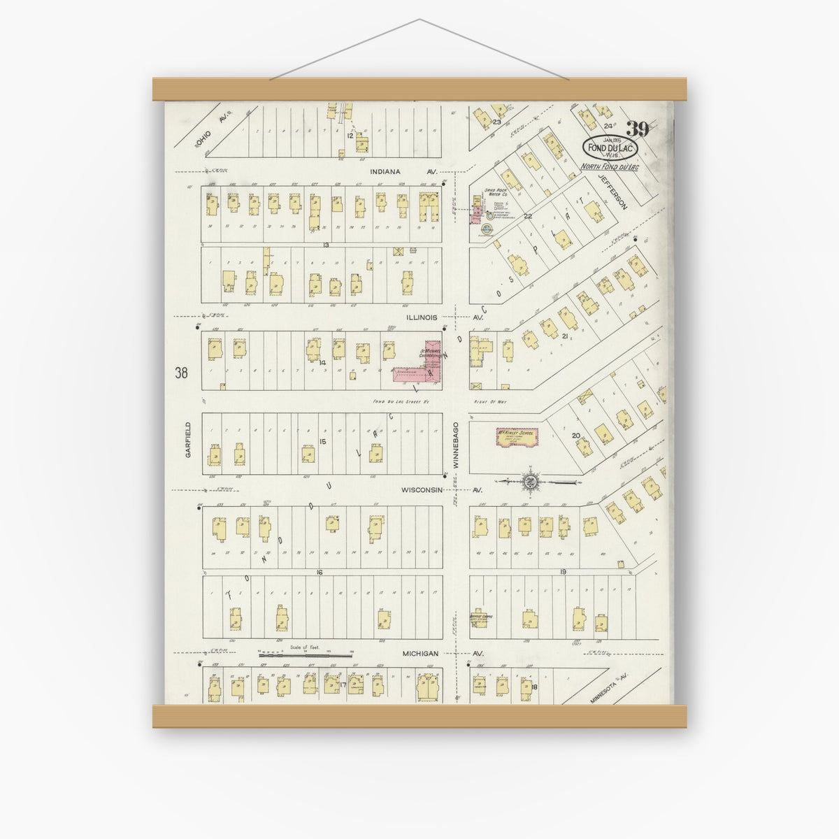Old map wall art mockup — magnetic wood frame on white wall — Sanborn Fire Insurance Map from Fond du Lac, Fond du Lac County, Wisconsin (1915), Sheet #0039