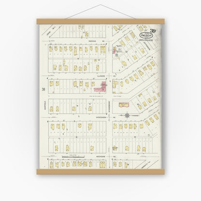 Old map wall art mockup — magnetic wood frame on white wall — Sanborn Fire Insurance Map from Fond du Lac, Fond du Lac County, Wisconsin (1915), Sheet #0039