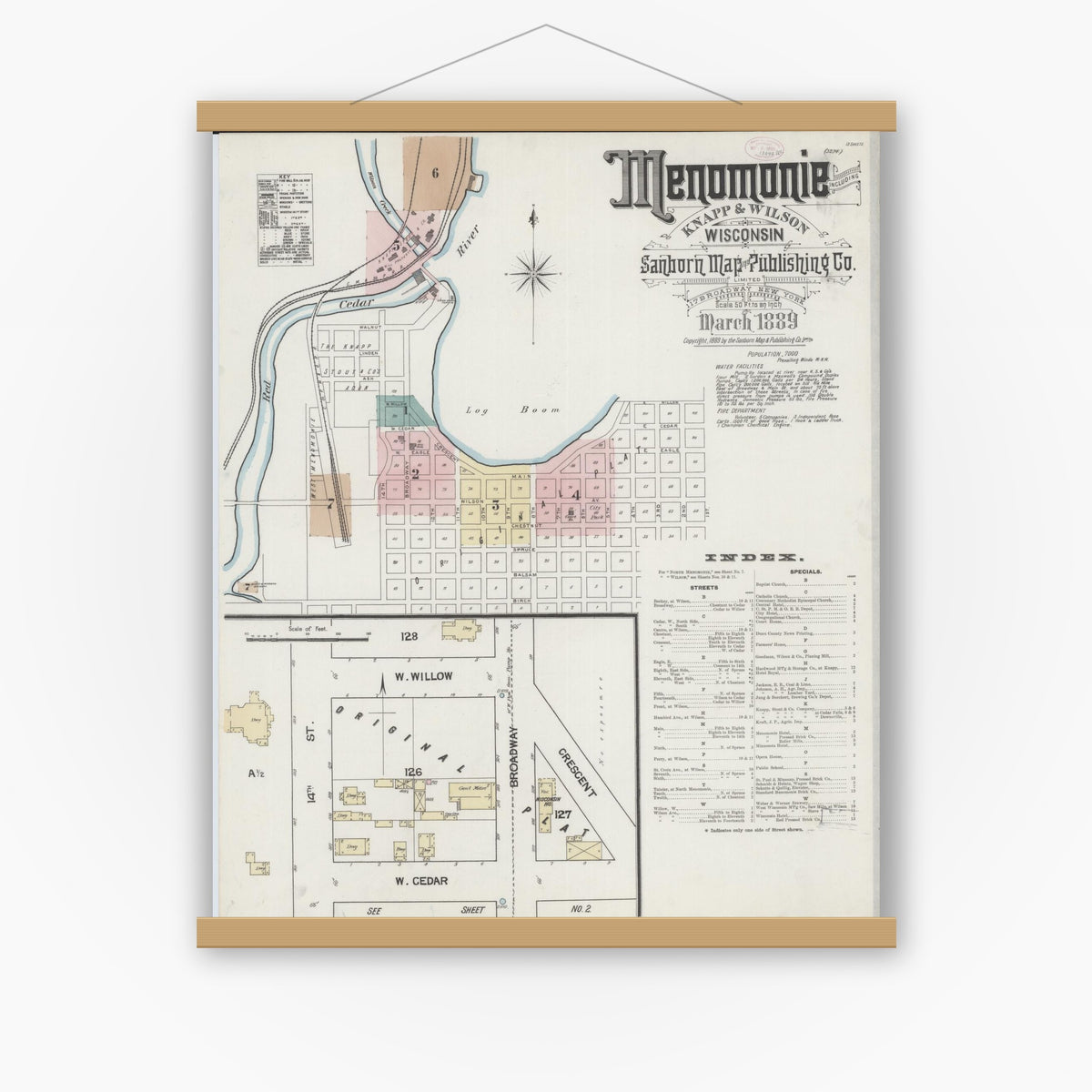 Old map wall art mockup — magnetic wood frame on white wall — Sanborn Fire Insurance Map from Menomonie, Dunn County, Wisconsin (1889) - Complete Map Set