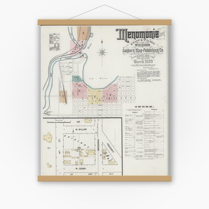 Old map wall art mockup — magnetic wood frame on white wall — Sanborn Fire Insurance Map from Menomonie, Dunn County, Wisconsin (1889) - Complete Map Set