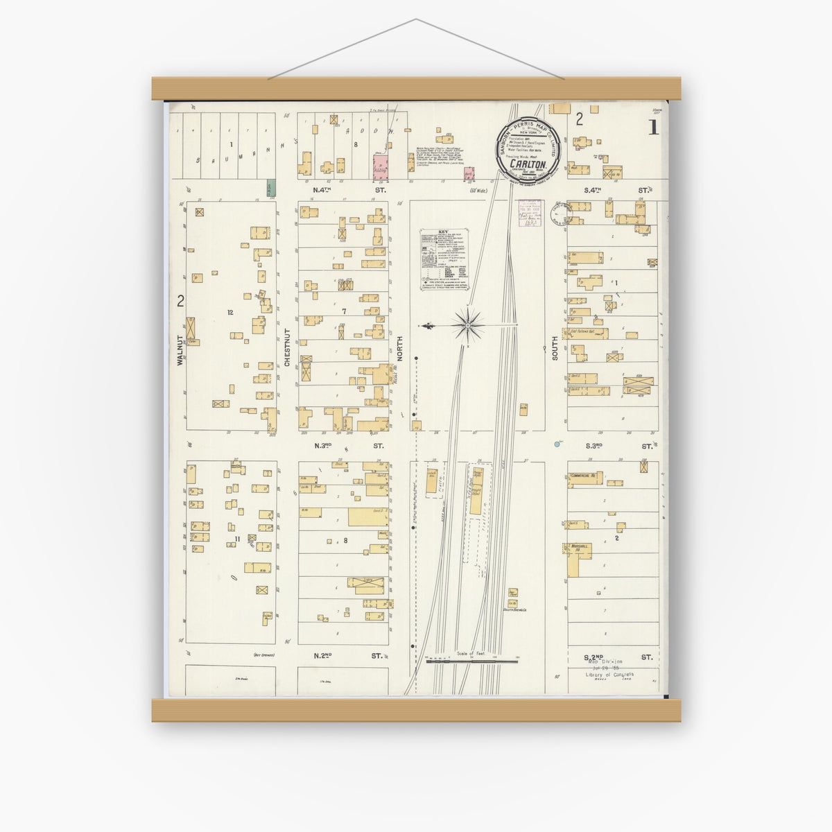 Old map wall art mockup — magnetic wood frame on white wall — Sanborn Fire Insurance Map from Carlton, Carlton County, Minnesota (1901), Sheet #0001