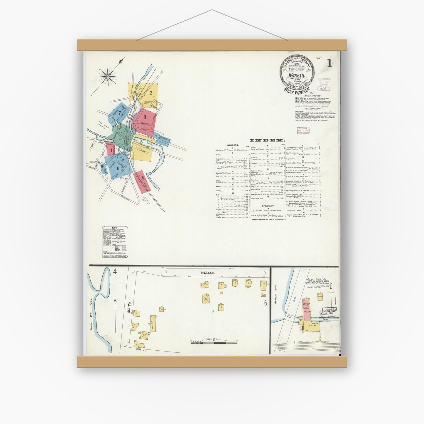 Old map wall art mockup — magnetic wood frame on white wall — Sanborn Fire Insurance Map from Warren, Worcester County, Massachusetts (1906) - Complete Map Set