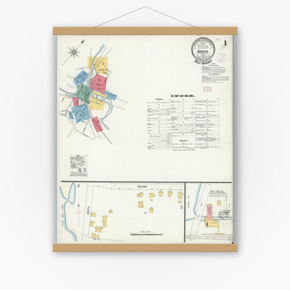 Old map wall art mockup — magnetic wood frame on white wall — Sanborn Fire Insurance Map from Warren, Worcester County, Massachusetts (1906) - Complete Map Set