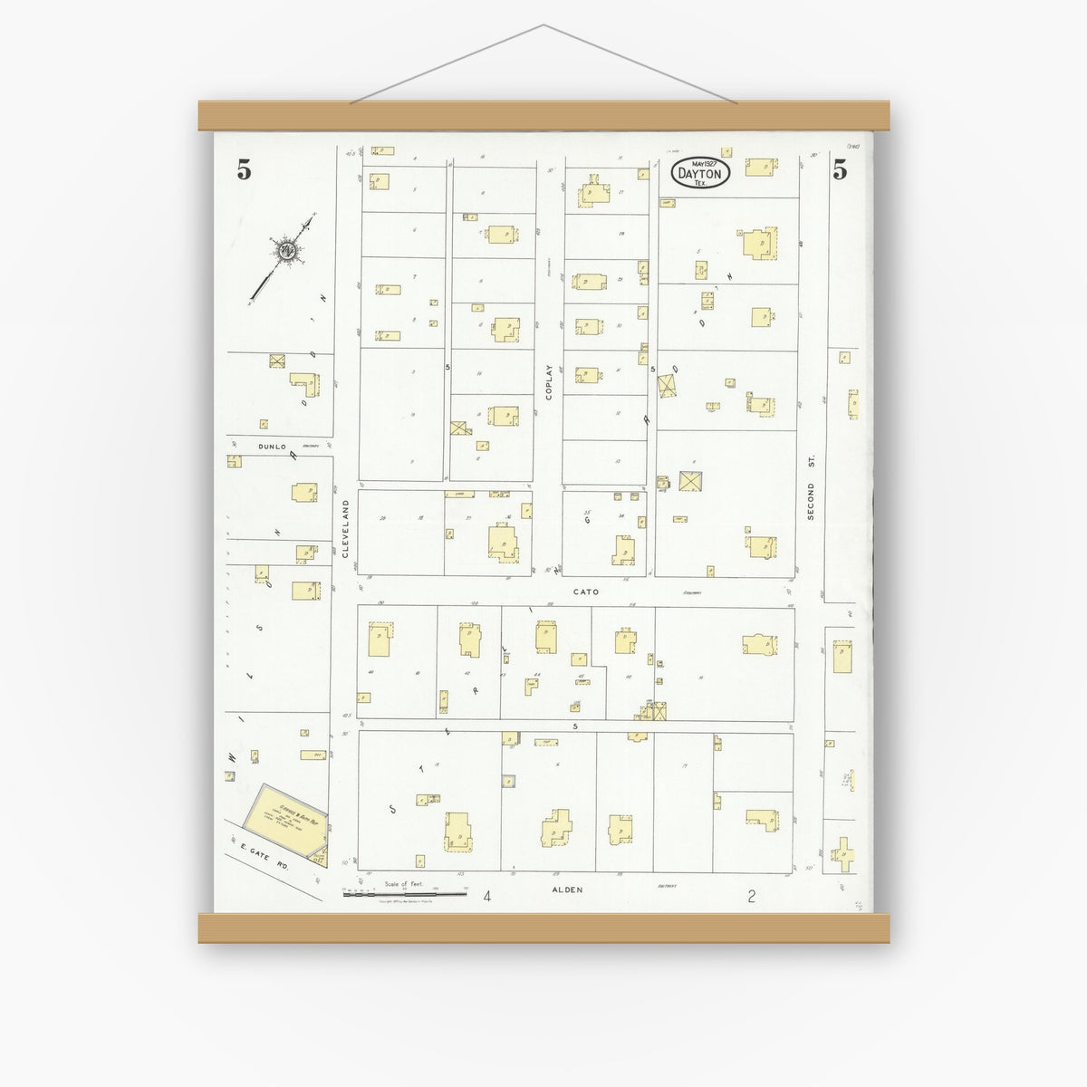 Old map wall art mockup — magnetic wood frame on white wall — Sanborn Fire Insurance Map from Dayton, Liberty County, Texas (1927), Sheet #0005