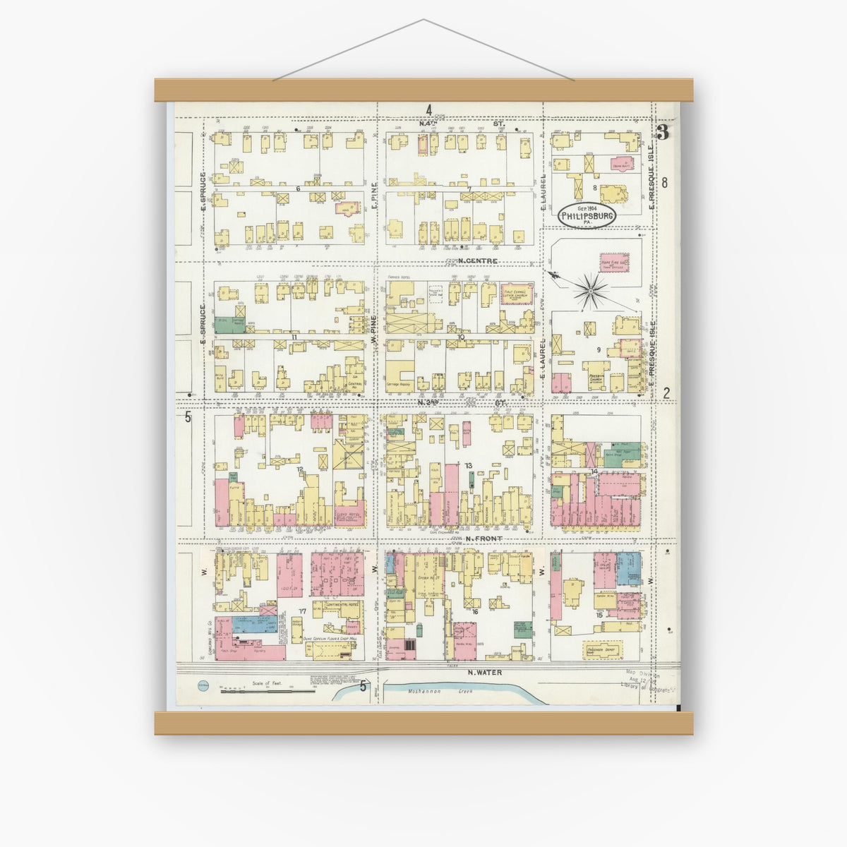 Old map wall art mockup — magnetic wood frame on white wall — Sanborn Fire Insurance Map from Philipsburg, Centre County, Pennsylvania (1904), Sheet #0003