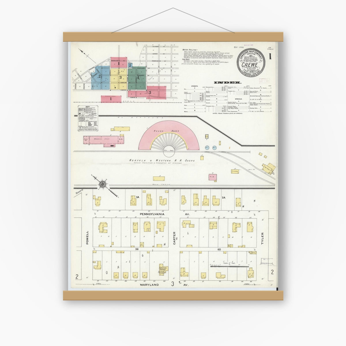 Old map wall art mockup — magnetic wood frame on white wall — Sanborn Fire Insurance Map from Crewe, Nottoway County, Virginia (1909) - Complete Map Set