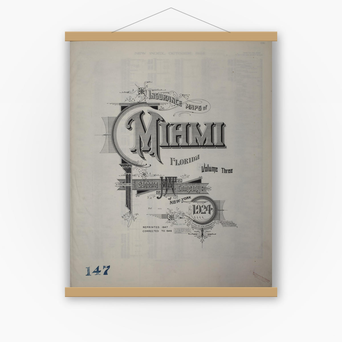 Old map wall art mockup — magnetic wood frame on white wall — Sanborn Fire Insurance Map from Miami, Dade County, Florida (1947), Sheet #0001