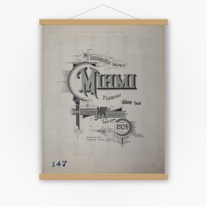 Old map wall art mockup — magnetic wood frame on white wall — Sanborn Fire Insurance Map from Miami, Dade County, Florida (1947), Sheet #0001
