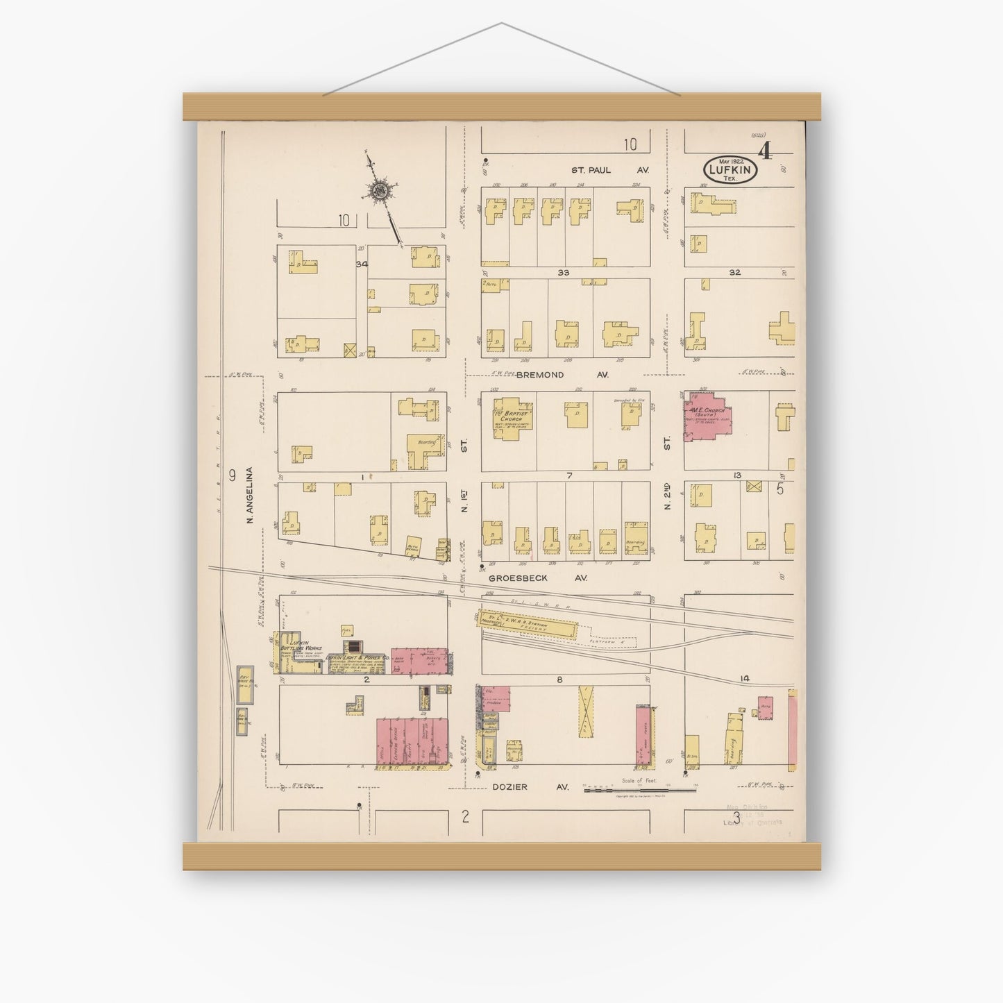 Old map wall art mockup — magnetic wood frame on white wall — Sanborn Fire Insurance Map from Lufkin, Angelina County, Texas (1922), Sheet #0004