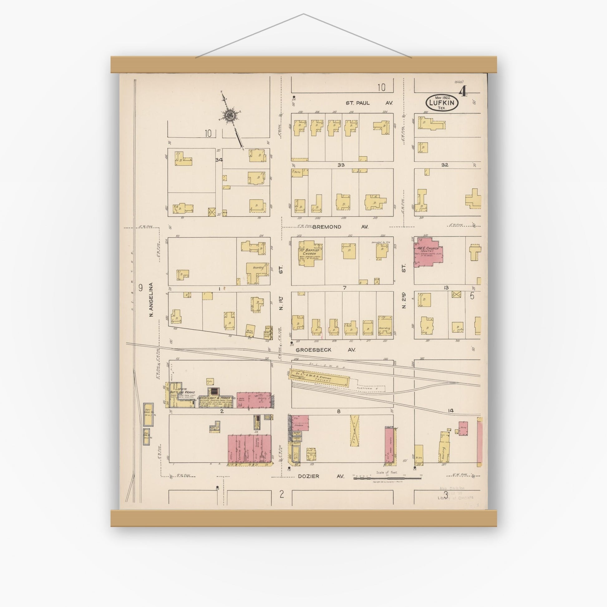 Old map wall art mockup — magnetic wood frame on white wall — Sanborn Fire Insurance Map from Lufkin, Angelina County, Texas (1922), Sheet #0004