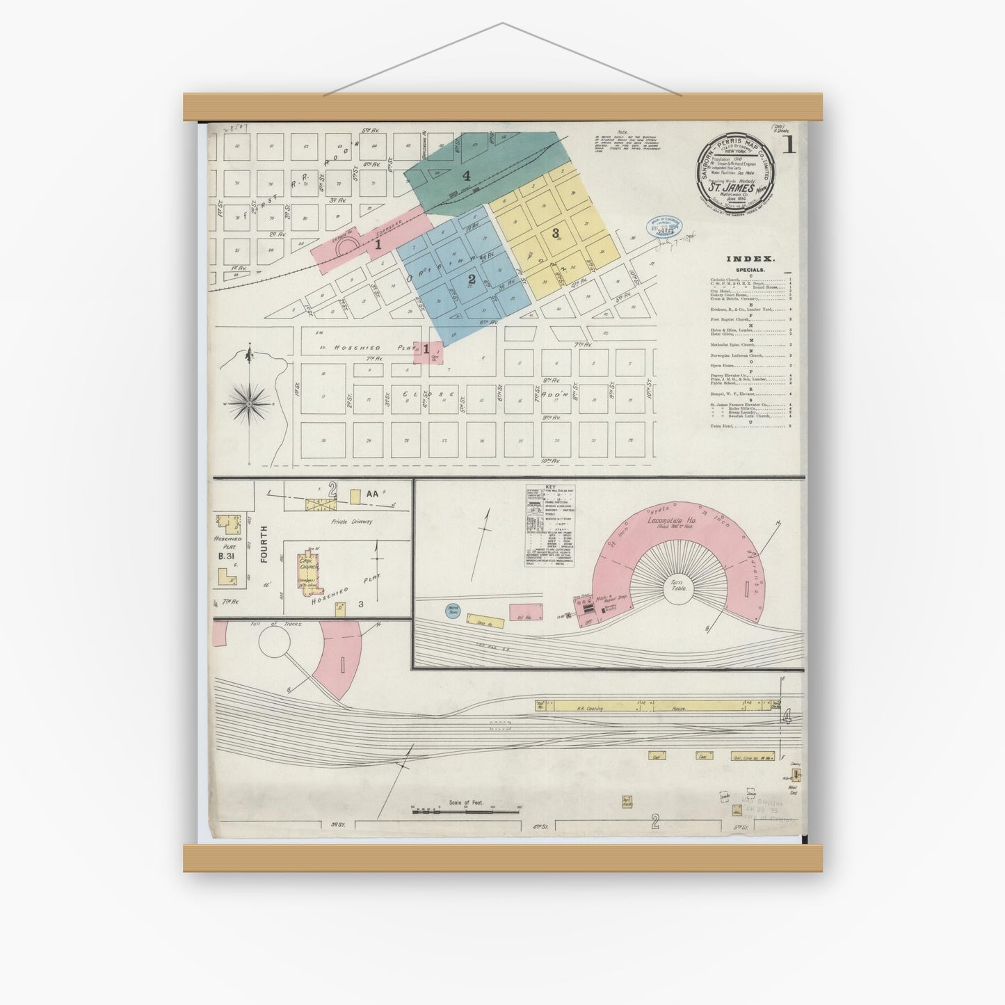 Old map wall art mockup — magnetic wood frame on white wall — Sanborn Fire Insurance Map from Saint James, Watonwan County, Minnesota (1894) - Complete Map Set