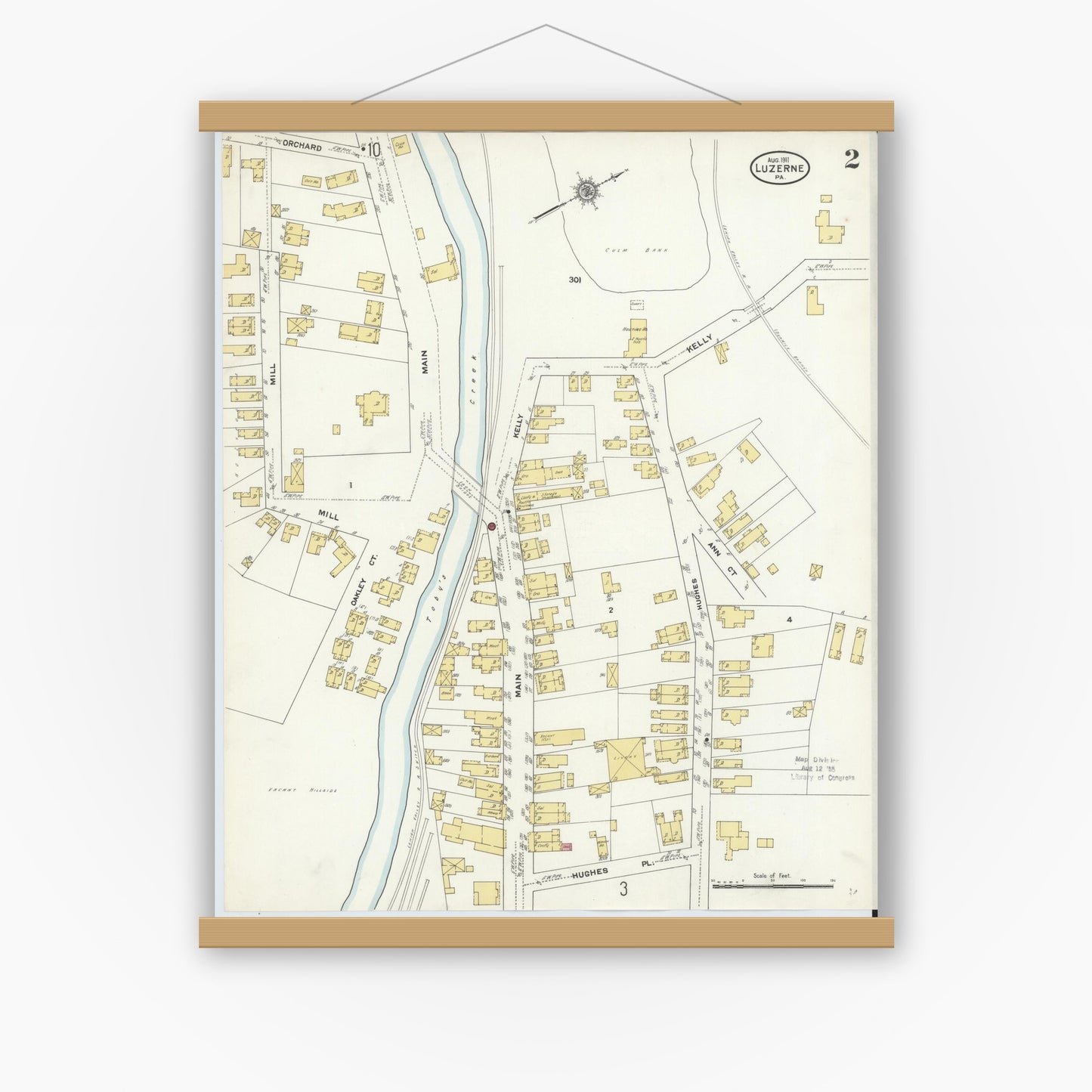 Old map wall art mockup — magnetic wood frame on white wall — Sanborn Fire Insurance Map from Luzerne, Luzerne County, Pennsylvania (1911), Sheet #0002