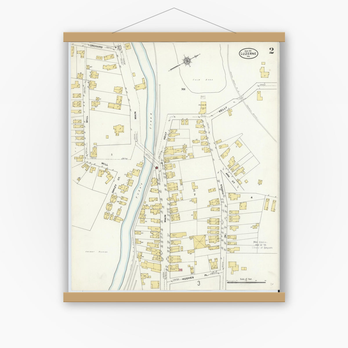 Old map wall art mockup — magnetic wood frame on white wall — Sanborn Fire Insurance Map from Luzerne, Luzerne County, Pennsylvania (1911), Sheet #0002