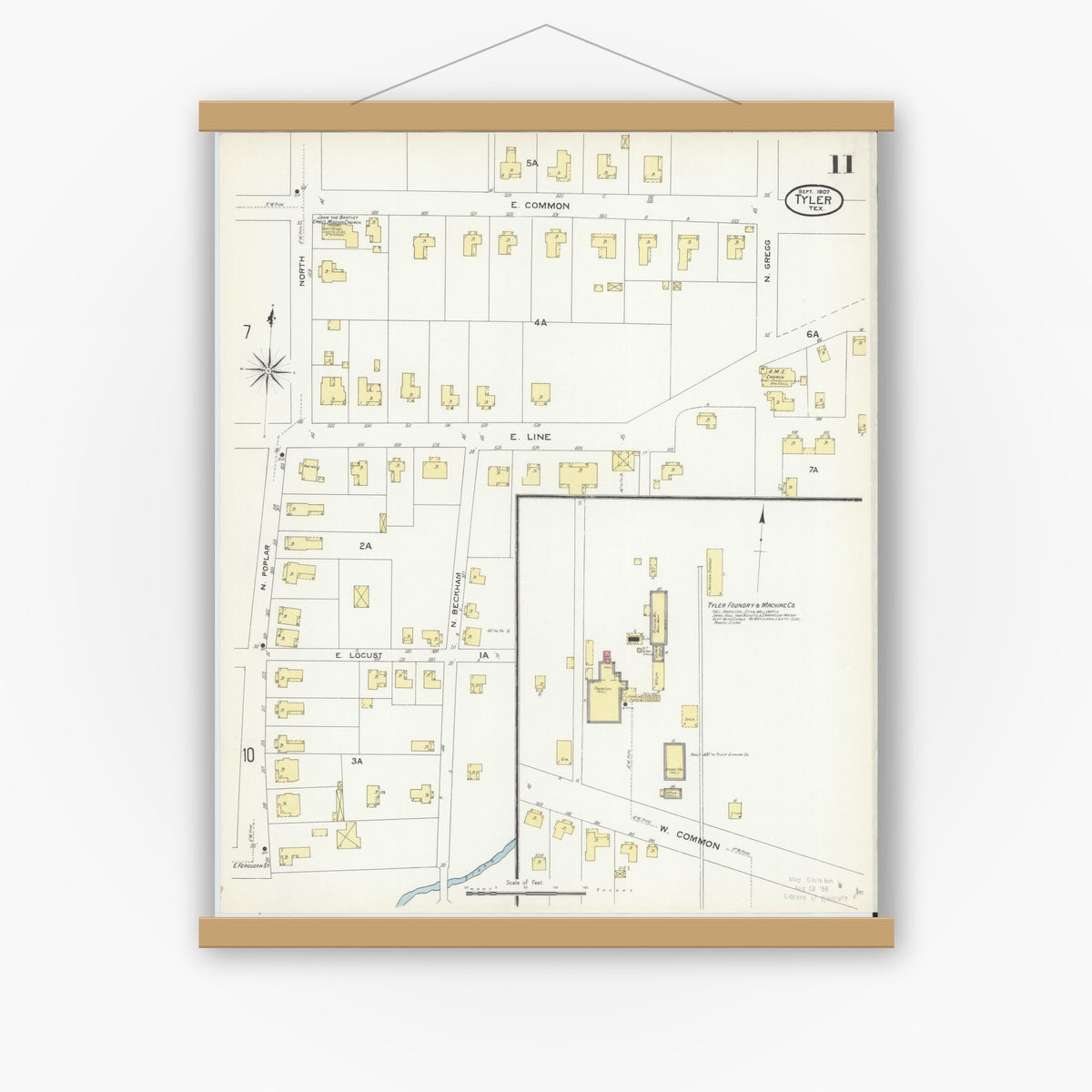 Old map wall art mockup — magnetic wood frame on white wall — Sanborn Fire Insurance Map from Tyler, Smith County, Texas (1907), Sheet #0011