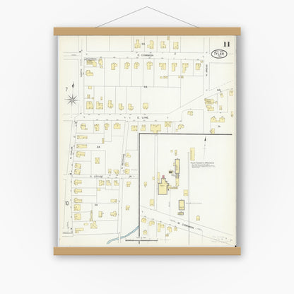 Old map wall art mockup — magnetic wood frame on white wall — Sanborn Fire Insurance Map from Tyler, Smith County, Texas (1907), Sheet #0011
