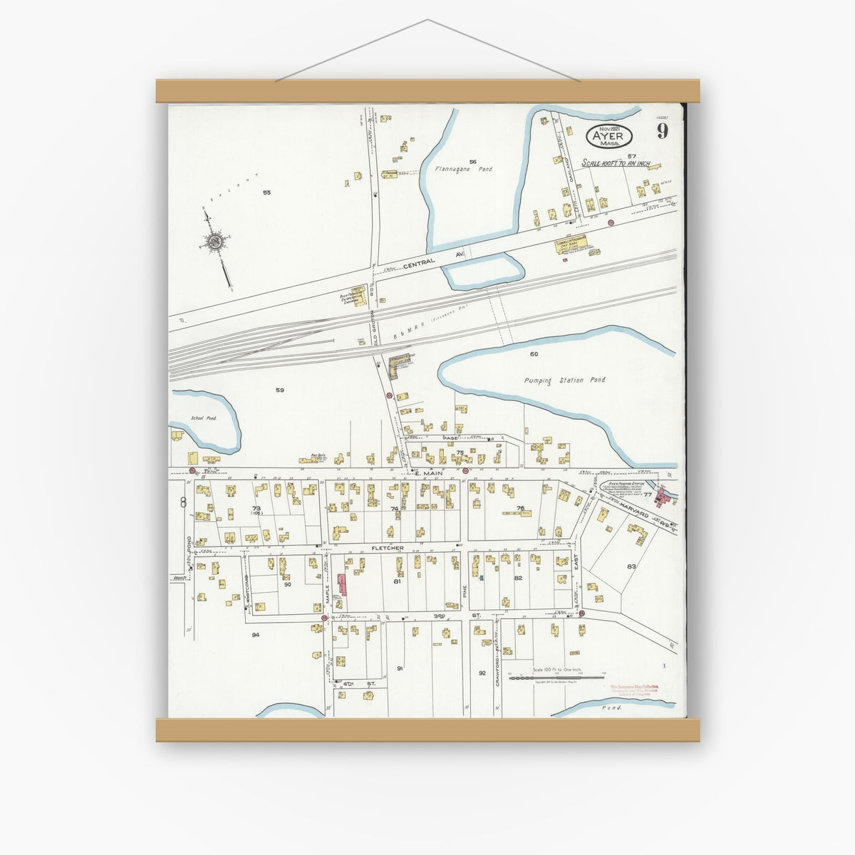 Old map wall art mockup — magnetic wood frame on white wall — Sanborn Fire Insurance Map from Ayer, Middlesex County, Massachusetts (1921), Sheet #0009