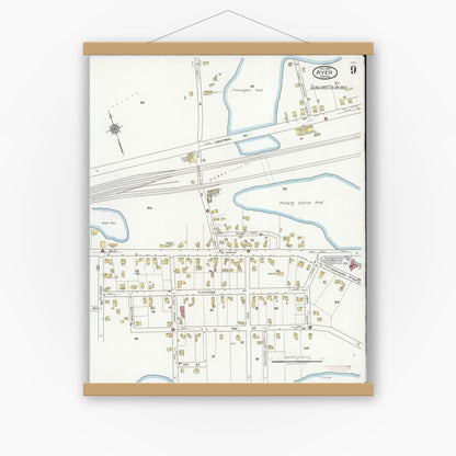 Old map wall art mockup — magnetic wood frame on white wall — Sanborn Fire Insurance Map from Ayer, Middlesex County, Massachusetts (1921), Sheet #0009